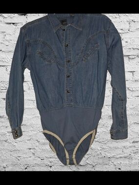 📣 Vintage 90s Liz Wear Denim Coastal Cowgirl 🤠  Bodysuit Size 3 Petite 😍